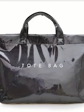 Glossy Black Tote Bag with White 'TOTE BAG' Lettering